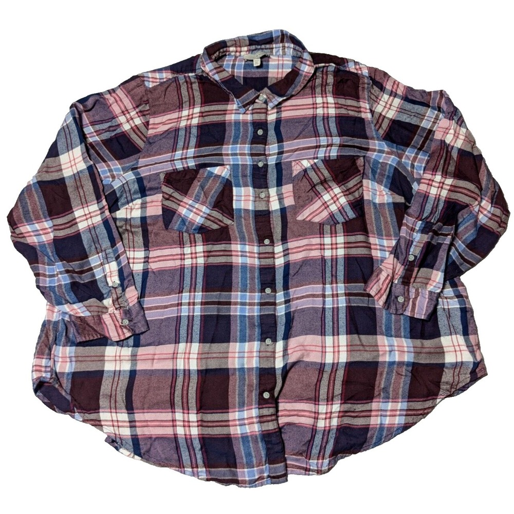 LUCKY BRAND Women Plus 2X Blue Burgundy Plaid Modal Viscose Button-Up Shirt